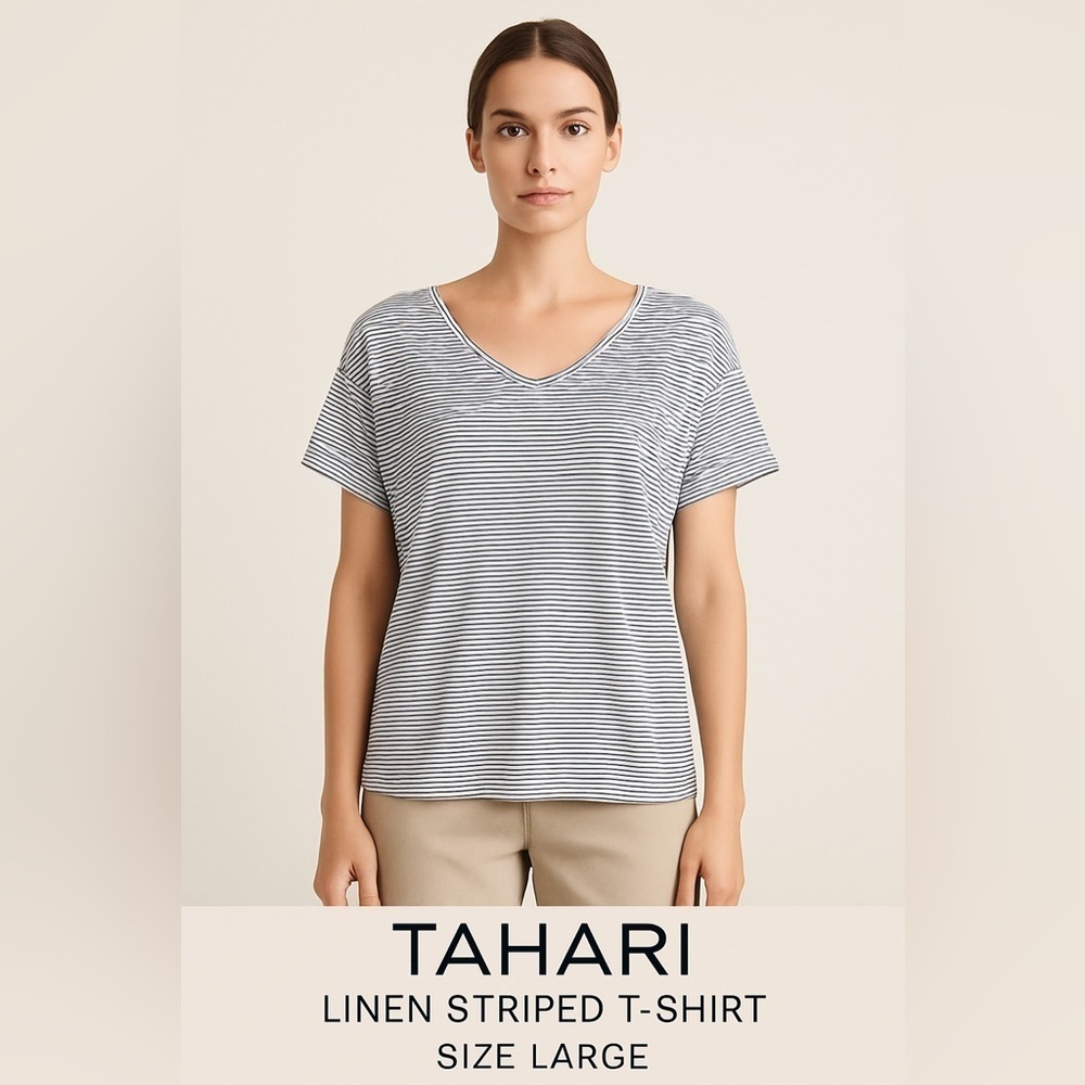 Tahari Linen Striped T-Shirt Women’s Large Blue White Nautical Preppy Sailor